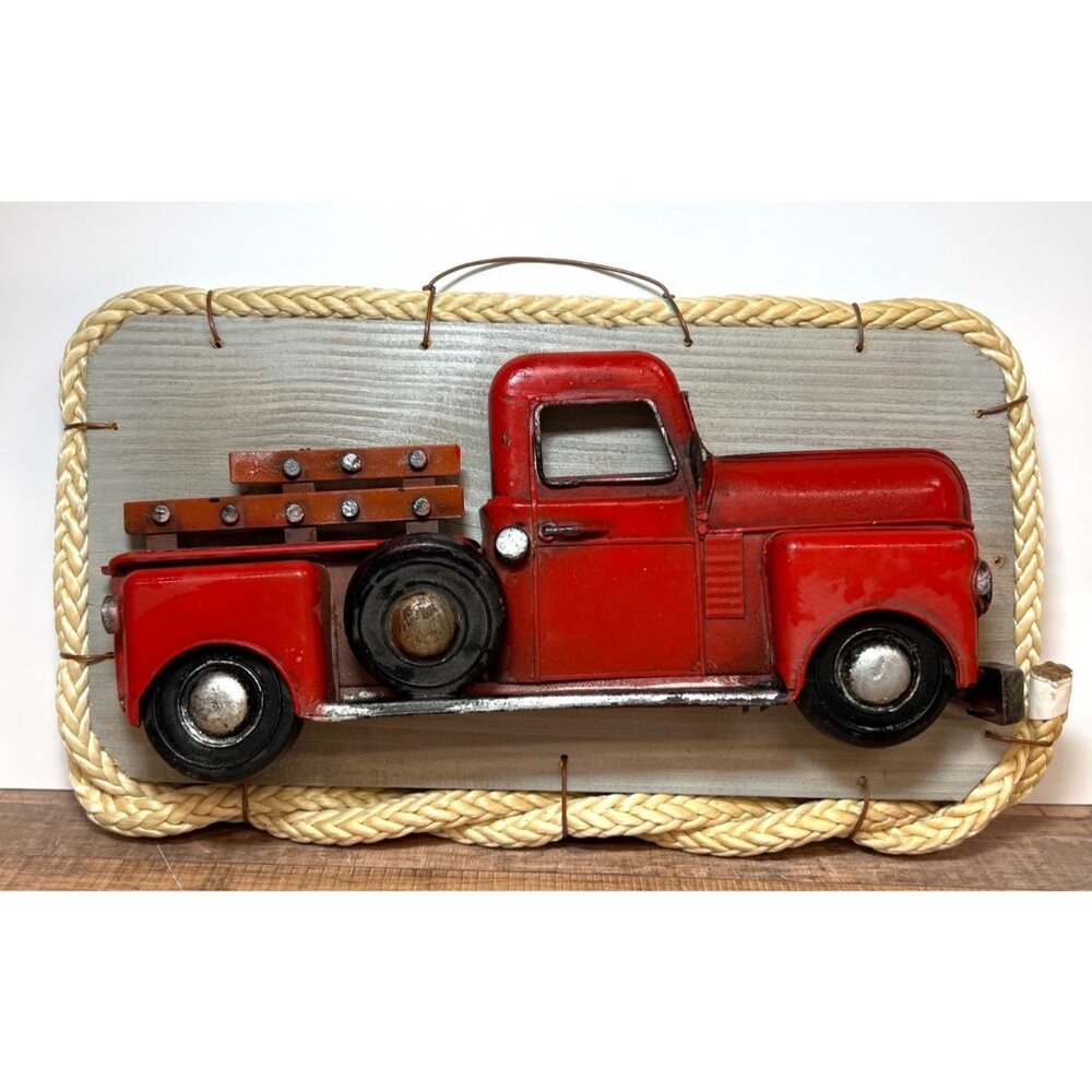 Vintage-Style Red Truck Wall Decor With Braided Rope Trim & Wood Backing